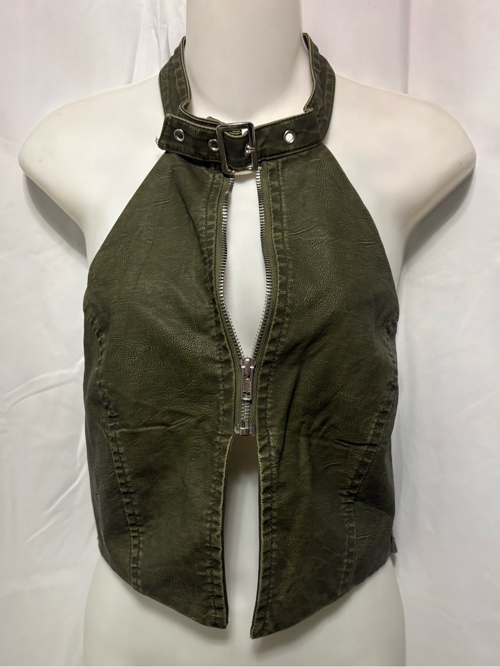 Fashion Nova Olive Green and Cream Cropped Halter Top